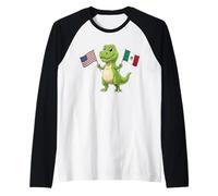Lindo T-Rex sosteniendo la Bandera de Estados Unidos y México Cultura Mixta niños Camiseta Manga Raglan