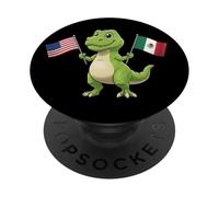 Lindo T-Rex sosteniendo la Bandera de Estados Unidos y México Cultura Mixta niños PopSockets PopGrip Adhesivo