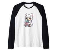 Lindo té Boba de fresa y alpaca de llama Kawaii Camiseta Manga Raglan