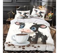 Lindo ternero tomando café Funda de Edredón Diseño 3D Suave 3 Piezas Cremallera Oculta con Fundas de Almohada Suave Animal de dibujos animados Funda Edredon for niños y niñas Single（140x200cm）