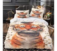 Lindo tigre Funda de Edredón Diseño 3D 3 Piezas Microfibra de poliéster Cremallera Oculta con Fundas de Almohada Antibacteriana Animal de acuarela Funda Edredon for jóvenes Single（140x200cm）