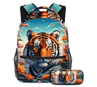 Lindo tigre y flor da rienda suelta a tu estilo, juego de 2 mochilas escolares para niños, niñas y adolescentes, bolsa de viaje de moda para libros, multicolor, B：29.4x20x40cm P：19x7.5x3.8cm,