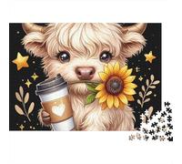 Lindo Toro con café, Rompecabezas de 1000 Piezas, Vaca con café y Girasol para Adultos, Juego Educativo, decoración del hogar, difícil, desafiante, Regalos de cumpleaños, 70x50cm/1000 Piezas
