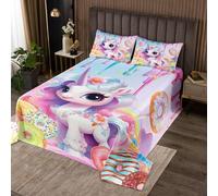Lindo unicornio infantil Coverlet Set M Size Rainbow Cartoon Horse Animal Rosa Floral Durable Edredón para Niñas Adolescentes Donut Ice Cream Candy Postre Quilt Set con 2 fundas de almohada