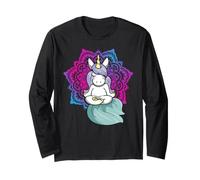 Lindo Unicornio meditando Yoga Lotus Pose Mandala Diseño Manga Larga