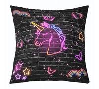 Lindo unicornio tiro cojín cubierta arco iris brillo púrpura neón luz niños almohada cubierta para sala de estar dormitorio retro negro gris ladrillo pared decoración del hogar funda de cojín 45 x 45