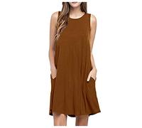 Lindo vestido de cuello redondo para mujer, vestido de verano sin mangas, color liso, casual, con bolsillos, mini vestidos de playa, A16 # Café, L
