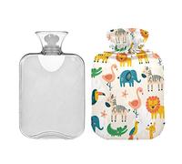 Lindos animales de la selva botella de agua caliente con tapa, botella de agua caliente transparente de 1 litro, bolsa de agua caliente para aliviar el dolor de cuello y hombros, terapia de calor