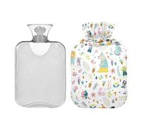 Lindos animales del bosque botella de agua caliente blanca con tapa, botella de agua caliente transparente de 1 litro, bolsa de agua caliente para aliviar el dolor de cuello y hombros, terapia de calor