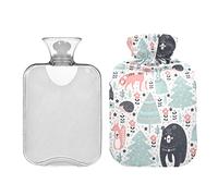 Lindos animales del bosque Fox Bear Botella de agua caliente con cubierta, bolsa de agua caliente transparente, botella de agua caliente de 1 l para alivio del dolor de cuello y hombros, terapia de pies y calor