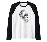 Lindos Auriculares chimpancé Amante de la música lápiz Dibujo Arte Camiseta Manga Raglan