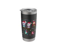 Lindos búhos de Navidad con sombreros de Santa en escena de invierno nevado Vaso térmico de acero inoxidable de doble pared