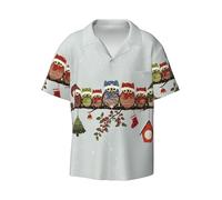 Lindos búhos de Navidad en la rama para hombre, camisa casual con botones, de manga corta, camisa de verano, Negro, L