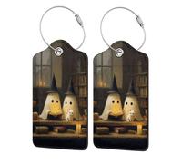 Lindos fantasmas de bruja leyendo la vieja biblioteca etiqueta de equipaje para maleta, paquete de 2 etiquetas de equipaje de cuero con solapa de privacidad, etiqueta de identificación de nombre y