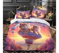 Lindos gatitos Funda de Edredón Juego de 3 Piezas Suave Impresión 3D Cierre de incluye Fundas de Almohada Antialérgica Aventura en el cielo de fantasía Funda Edredon for Adultos Single（140x200cm）