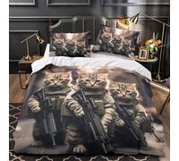 Lindos gatos militares Funda de Edredón Cierre de Juego de 3 Piezas Suave Diseño 3D incluye Fundas de Almohada Lavables Guerreros tácticos peludos Funda Edredon for Adultos Single（140x200cm）
