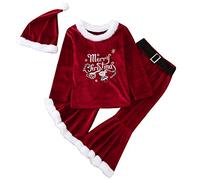 Lindos leggings para adolescentes y bebés, traje de Navidad, cosplay, cuello redondo, sin botones, pantalones, sombrero, conjunto de 3 piezas, ropa y diadema (rojo, 2-3 años)