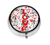 Lindos pingüinos día de San Valentín, Pastillero, Pastillero redondo Pequeño contenedor de pastillas Organizador de pastillas de viaje