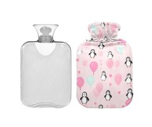 Lindos pingüinos y globos, botella de agua caliente rosa con bonita cubierta, bolsas de agua caliente de 2 litros, botellas de agua caliente portátiles para alivio del dolor de cuello, hombros y