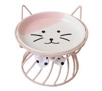 Lindos platos de comida para gatos, cuenco elevado de cerámica para gatos con soporte de metal, comida elevada para mascotas, antivómitos, protege la columna vertebral de la mascota, color rosa
