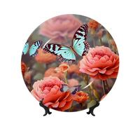 Lindos platos decorativos de cerámica con diseño de flores de mariposa, plato decorativo de porcelana con soporte de exhibición hecho a mano, adorno de cerámica con personalidad, plato de cena de