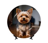 Lindos platos decorativos de cerámica Yorkie con soporte de exhibición hecho a mano, adorno de cerámica de porcelana, manualidades, para decoración de pared del hogar, oficina, 17 cm