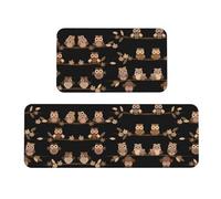 Lindos tapetes de cocina anchos con estampado de búhos de dibujos animados marrones para piso de cocina, 2 juegos de tapetes cómodos de pie para el hogar
