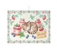Lindos tapetes de secado de platos de gato para encimera de cocina, tapete escurridor de platos absorbente floral de fresa, almohadilla de secado de microfibra de primavera para protector de barra de