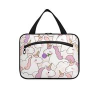 Lindos unicornios de dibujos animados blanco bolsa colgante para viajar con gancho, bolsa de maquillaje acolchada compacta para mujeres imprescindibles cruceros estuche de maquillaje para mujer