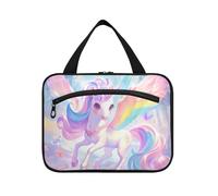 Lindos unicornios de dibujos animados de color arcoíris para colgar artículos de tocador de viaje con gancho, accesorios de diseñador para colgar bolsa de maquillaje para mujer, bolsa de maquillaje