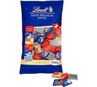 LINDT Napolitanas Suizas, contiene un surtido de minitabletas de chocolate envueltas individualmente, chocolate con leche, de chocolate blanco,chocolate negro,chocolate con avellanas, aprox76uds, 500g