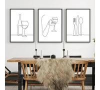 Línea abstracta, taza de café, vino, limón, arte de pared, pintura al óleo, póster nórdico e impresión, decoración para cocina y restaurante (30 x 40 cm, 3 piezas)