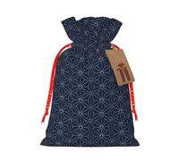 Líneas de puntos con formas geométricas sobre fondo de sombra azul, bolsa de moda ligera con cordón con etiqueta kraft para Navidad Halloween