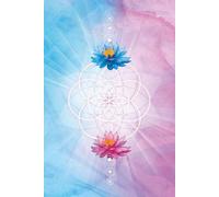 LinedNotebook with blue pink flowers sacred geometry cover: 120 lined pages. Seed of Life design on cover.