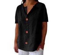 Linen - Camiseta para mujer, camiseta grande, cómoda, transpirable, tops con botón, camiseta abierta, camisa de color liso, camiseta diaria actividades al aire libre, camiseta básicas, Negro , S
