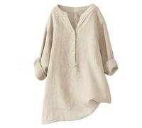 Linen Dress Women | Cotton Summer Midi Dress V Neck Loose Fit Casual Beach Sundress with Pockets (Apricot,XL)