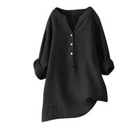 Linen Dress Women | Cotton Summer Midi Dress V Neck Loose Fit Casual Beach Sundress with Pockets (Black,XL)