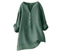 Linen Dress Women | Cotton Summer Midi Dress V Neck Loose Fit Casual Beach Sundress with Pockets (Green,L)