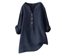 Linen Dress Women | Cotton Summer Midi Dress V Neck Loose Fit Casual Beach Sundress with Pockets (Navy Blue,L)