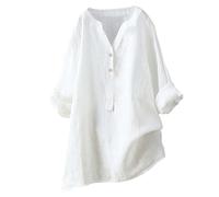 Linen Dress Women | Cotton Summer Midi Dress V Neck Loose Fit Casual Beach Sundress with Pockets (White,M)
