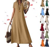 Linen Dress Women Sleeveless V Neck Tunic Boho Maxi Dress, Casual Summer Modest Long Flowy Beach Vacation Sun Dresses (Brown,XXL)