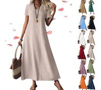 Linen Dress Women Sleeveless V Neck Tunic Boho Maxi Dress, Casual Summer Modest Long Flowy Beach Vacation Sun Dresses (Khaki,L)