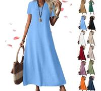 Linen Dress Women Sleeveless V Neck Tunic Boho Maxi Dress, Casual Summer Modest Long Flowy Beach Vacation Sun Dresses (Blue,XL)