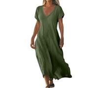 Linen Dresses for Women 2025 New Casual Summer Short Sleeve V Neck Cotton Gauze Loose Fit Dress Vacation Beach Sundress (Green, L)