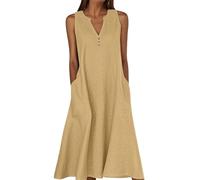 Linen Dresses for Women 2025 with Pockets - Casual Summer Sundress for Beach Vacation & Daily Wear (Earth Yellow,XL)