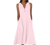 Linen Dresses for Women 2025 with Pockets - Casual Summer Sundress for Beach Vacation & Daily Wear (Pink,L)