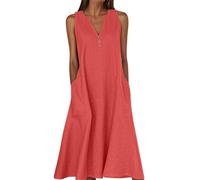 Linen Dresses for Women 2025 with Pockets - Casual Summer Sundress for Beach Vacation & Daily Wear (Red,L)