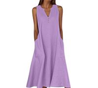 Linen Dresses for Women 2025 with Pockets - Casual Summer Sundress for Beach Vacation & Daily Wear (Violet,XL)