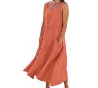 Linen Dresses for Women Plus Size Summer Casual Sleeveless T-Shirt Dresses with Pockets Ladies Cotton Linen Long Dress Plain V Neck Boho Midi Dress Loose Fit Tank Flowy Sundress