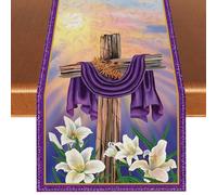 Linen Happy Easter Table Runner He is Risen Tablecloth Christian Cross Easter Spring Summer Party Decorations and Supplies for Home Kitchen Table-13×72''